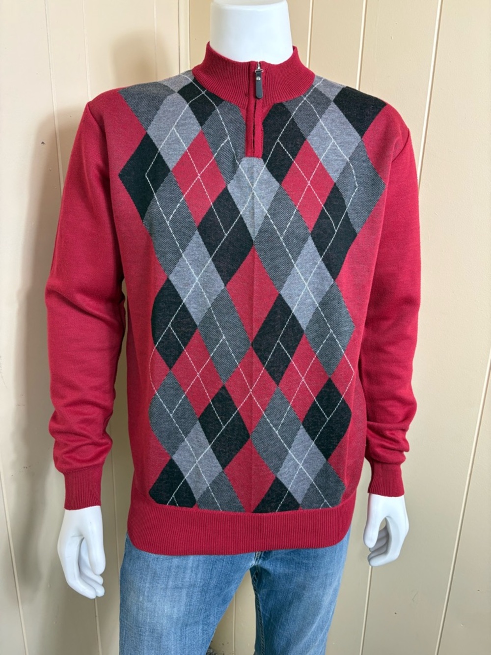 Ballantrae Edinburgh Argyle Knitted 1/4 zip Sweater Mens 2XL Red Black Gray